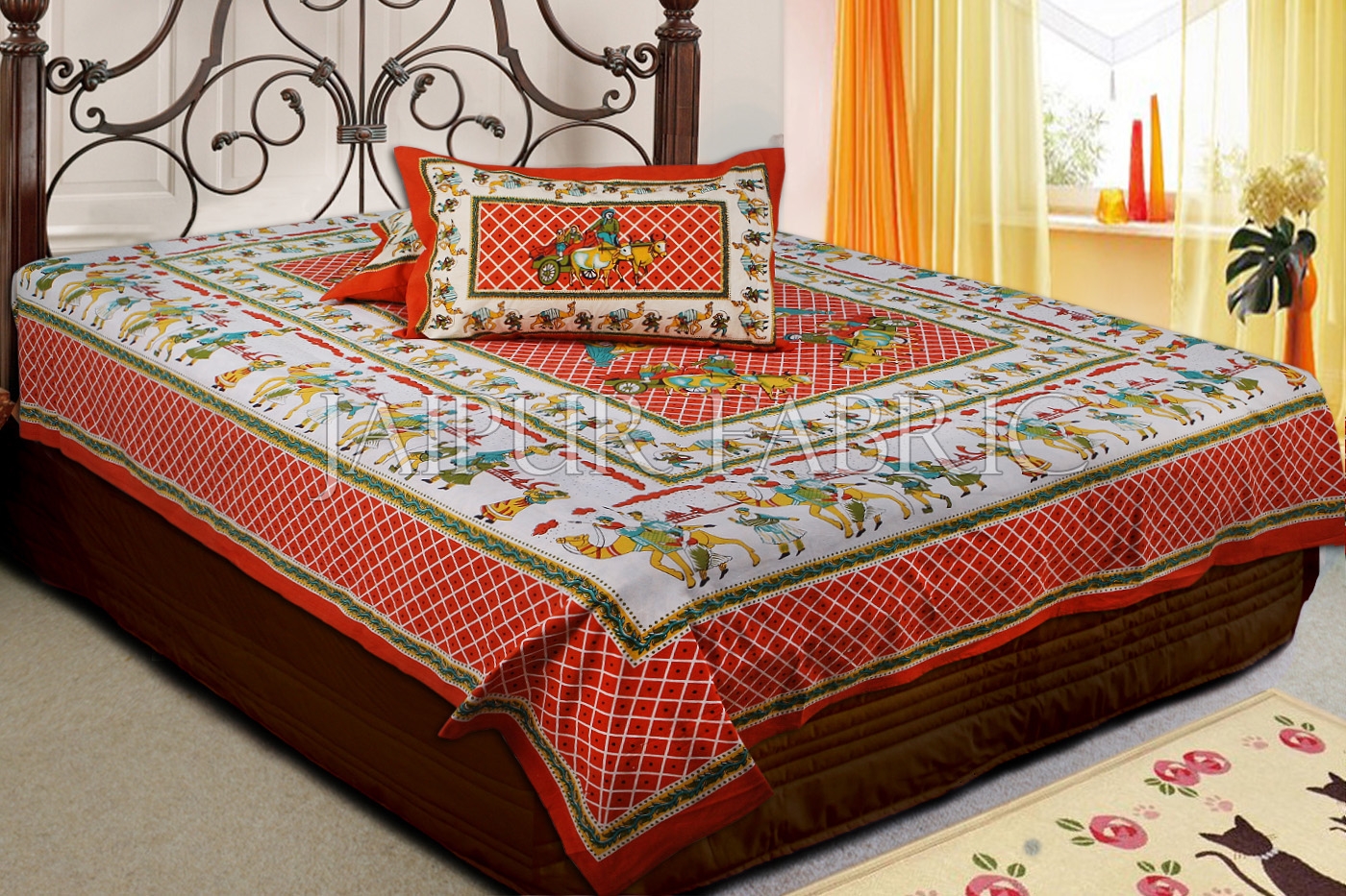 Red Base Multi Color Cattle and cart Print Double Bedsheet with pillow Covers