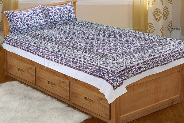 White Base with blue and Red floral print Single Cotton Bedsheet