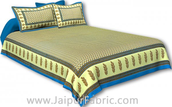 Firozi Border Cream Base Small Tree Pattern With Golden Print Super Fine Cotton Double Bedsheet