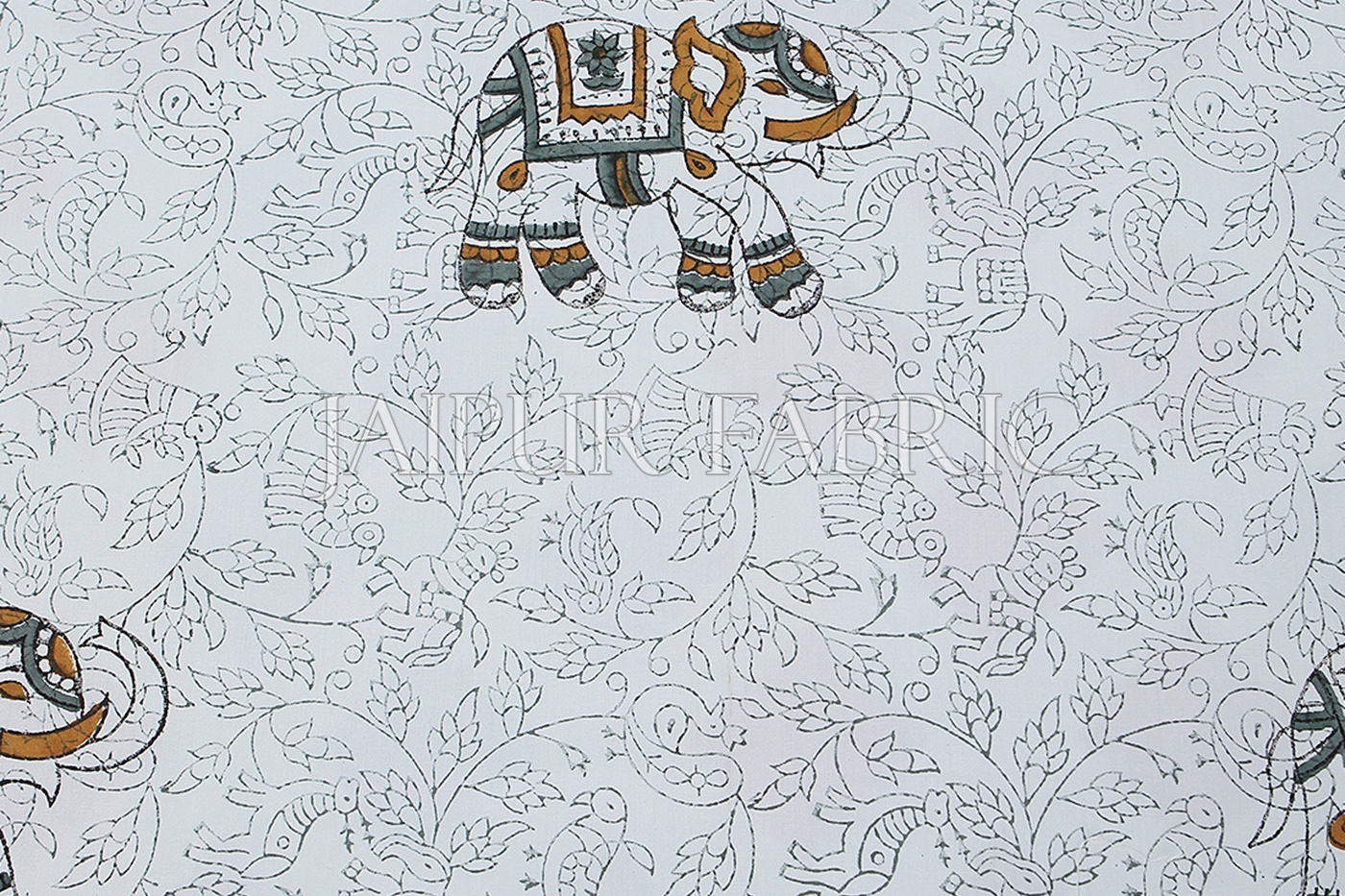 White Base With Elephant Block Print Single Cotton Bed Sheet