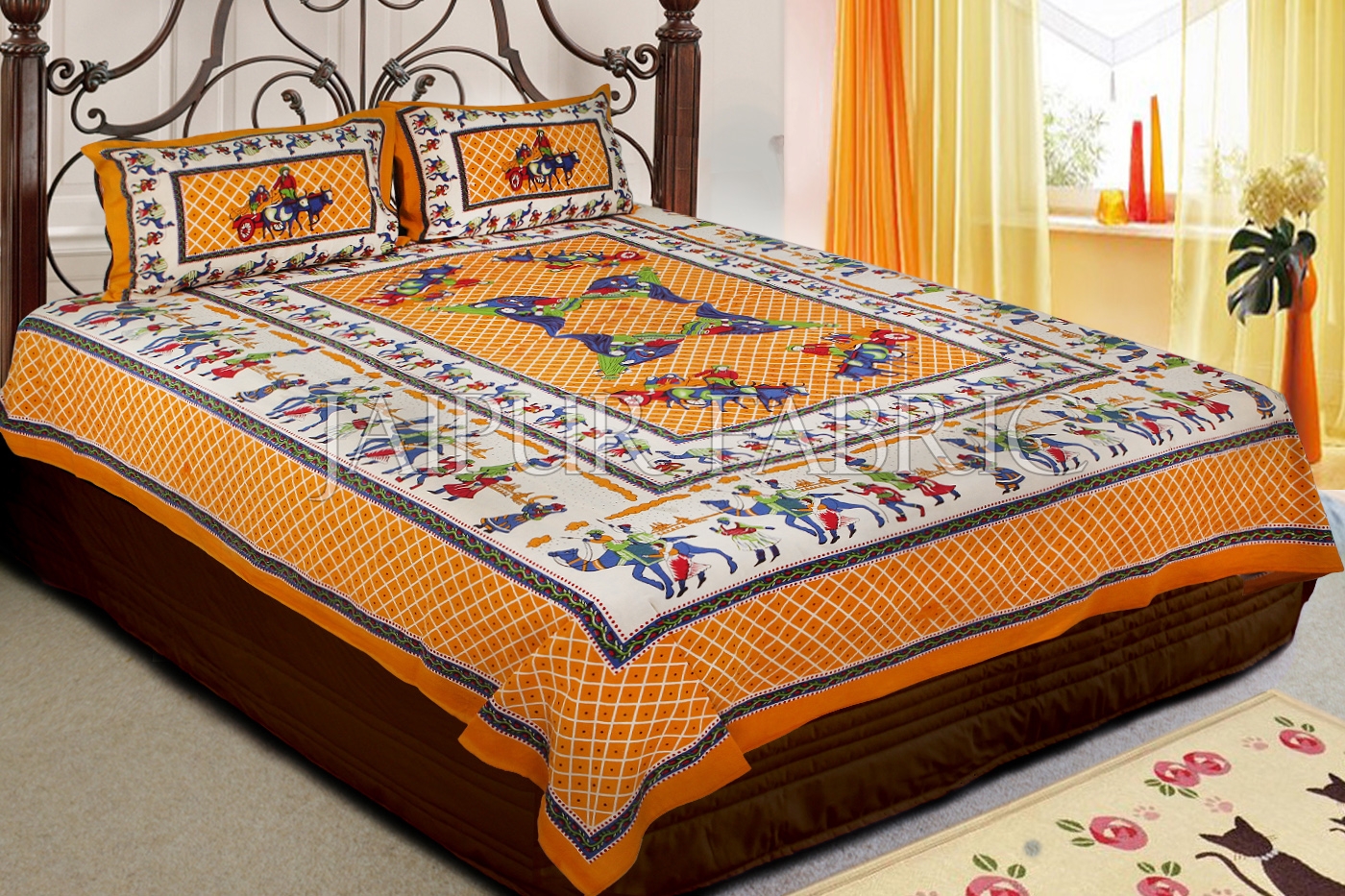 Yellow Base Multi Color Cattle and cart Print Double Bedsheet with pillow Covers
