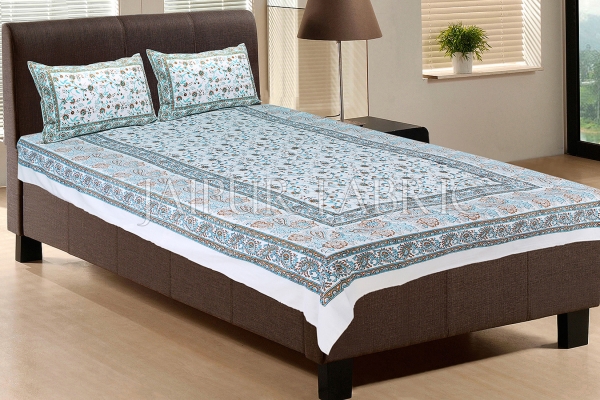 White Base With Cyan Color Print Single Cotton Bed sheet