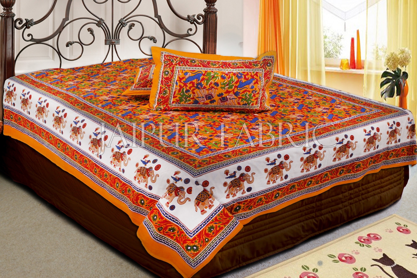 Orange Base Jaipur Handmade animal block  print bedsheet With pillow Covers
