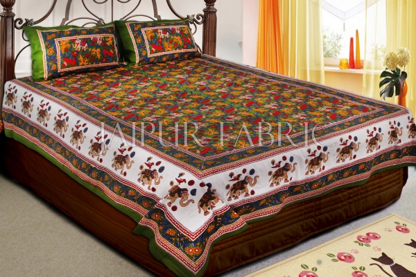 Green Base jaipur Handmade animal print bedsheet With pillow Covers