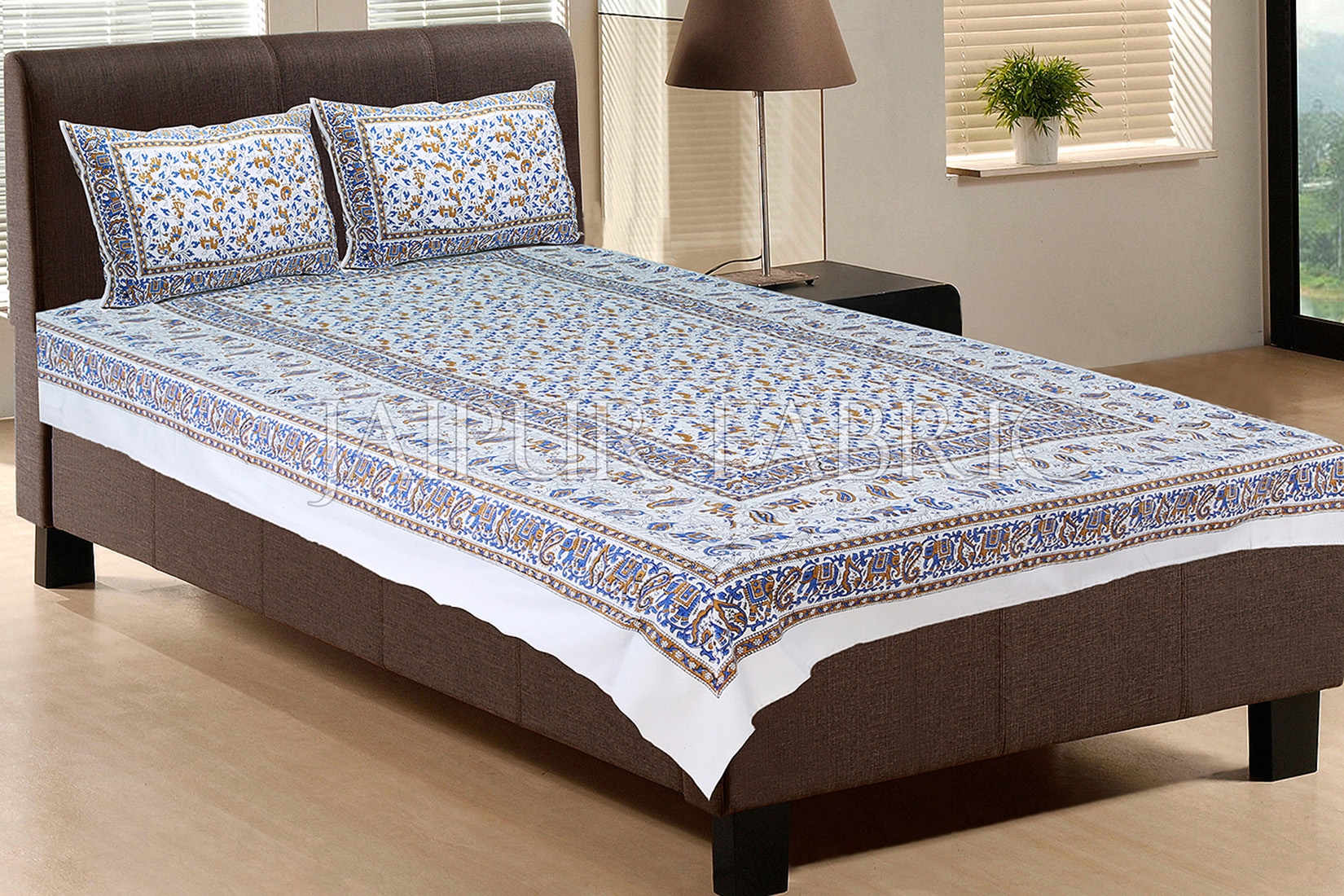 White Base With Blue color Cattle Block print Single Cotton bed Sheet