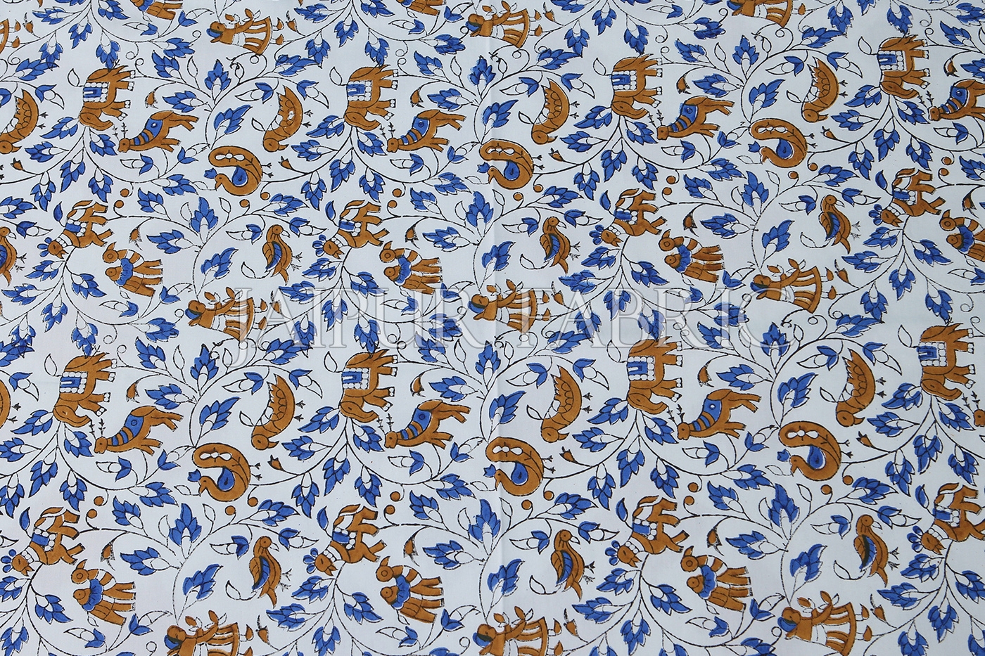 White Base With Blue color Cattle Block print Single Cotton bed Sheet