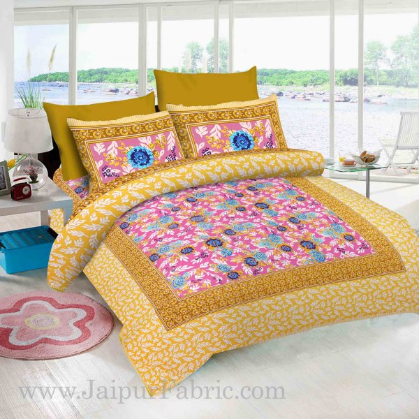Pink Base Floral Design screen print king size double bedsheet with 2 pillow cover