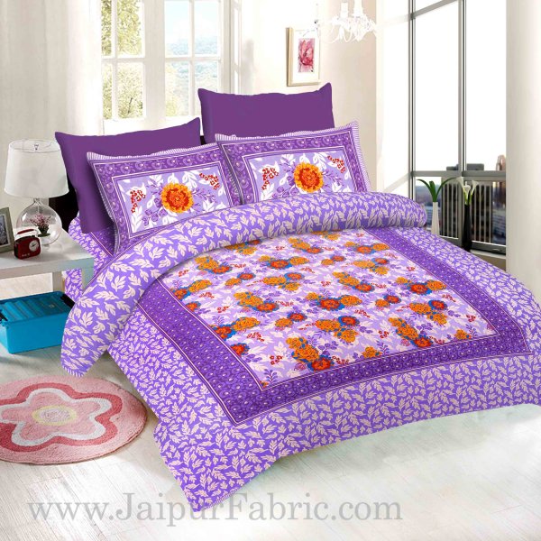 Purple Base Floral Design screen print king size double bedsheet with 2 pillow cover