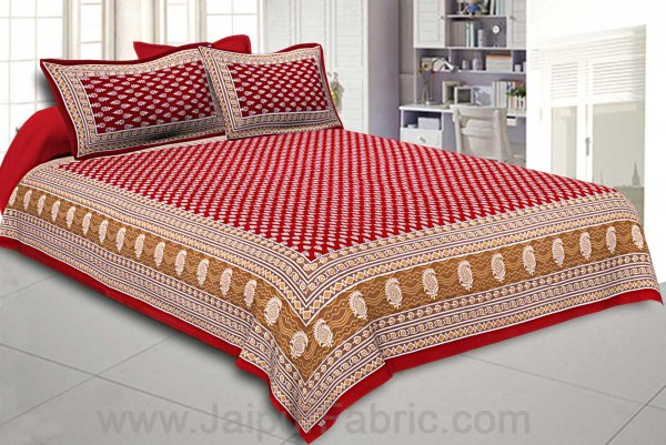 Crimson Border Floral Pattern Screen Print Cotton Double Bed Sheet