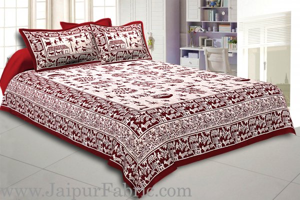 Maroon Border Cream Base Light And Rural Pattern Super Fine Cotton Double Bed Sheet