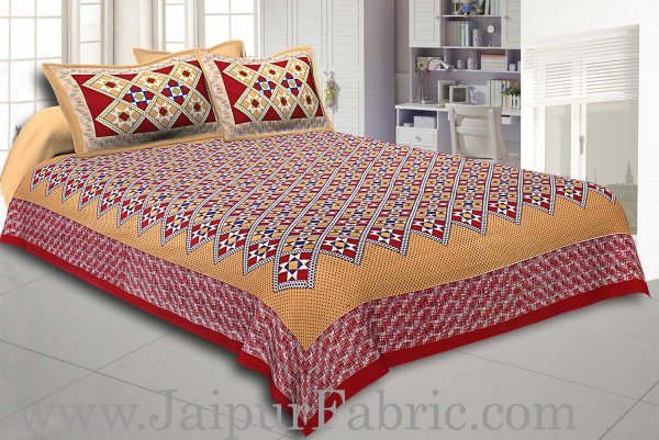 Red Border Mustard Base Designer Check Pattern Cotton Double Bed Sheet