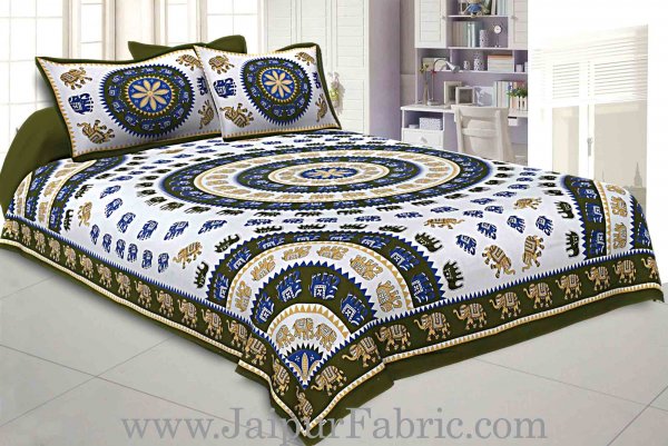 Double bedsheet Mehandi Green Border With Elephant Print Fine Cotton With Two Pillow Cover