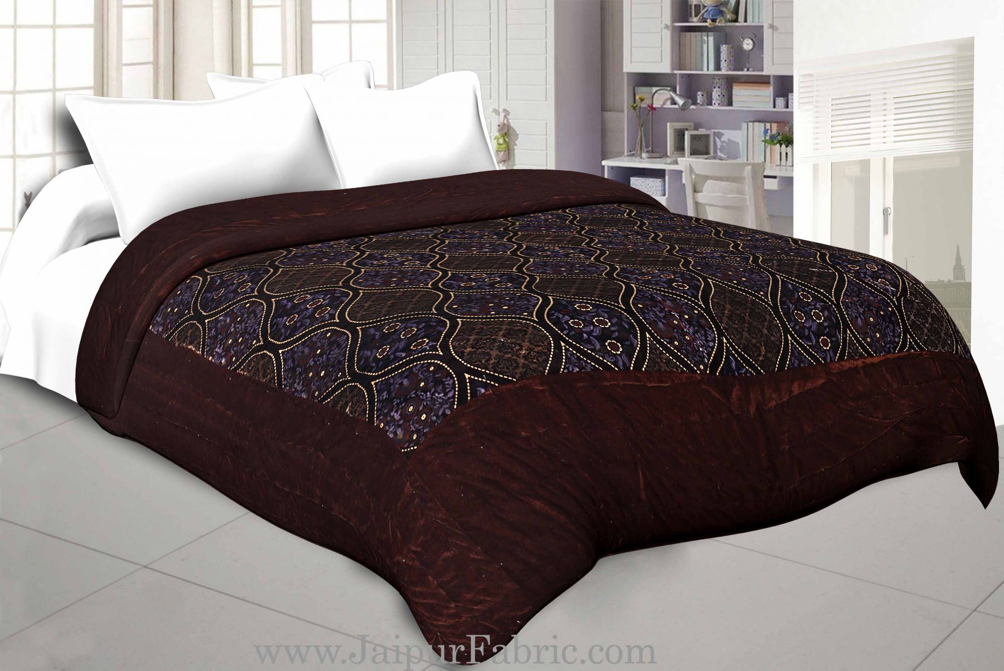 Brown With  Leaf Print  Velvet(Shaneel) Double  Bed Quilt