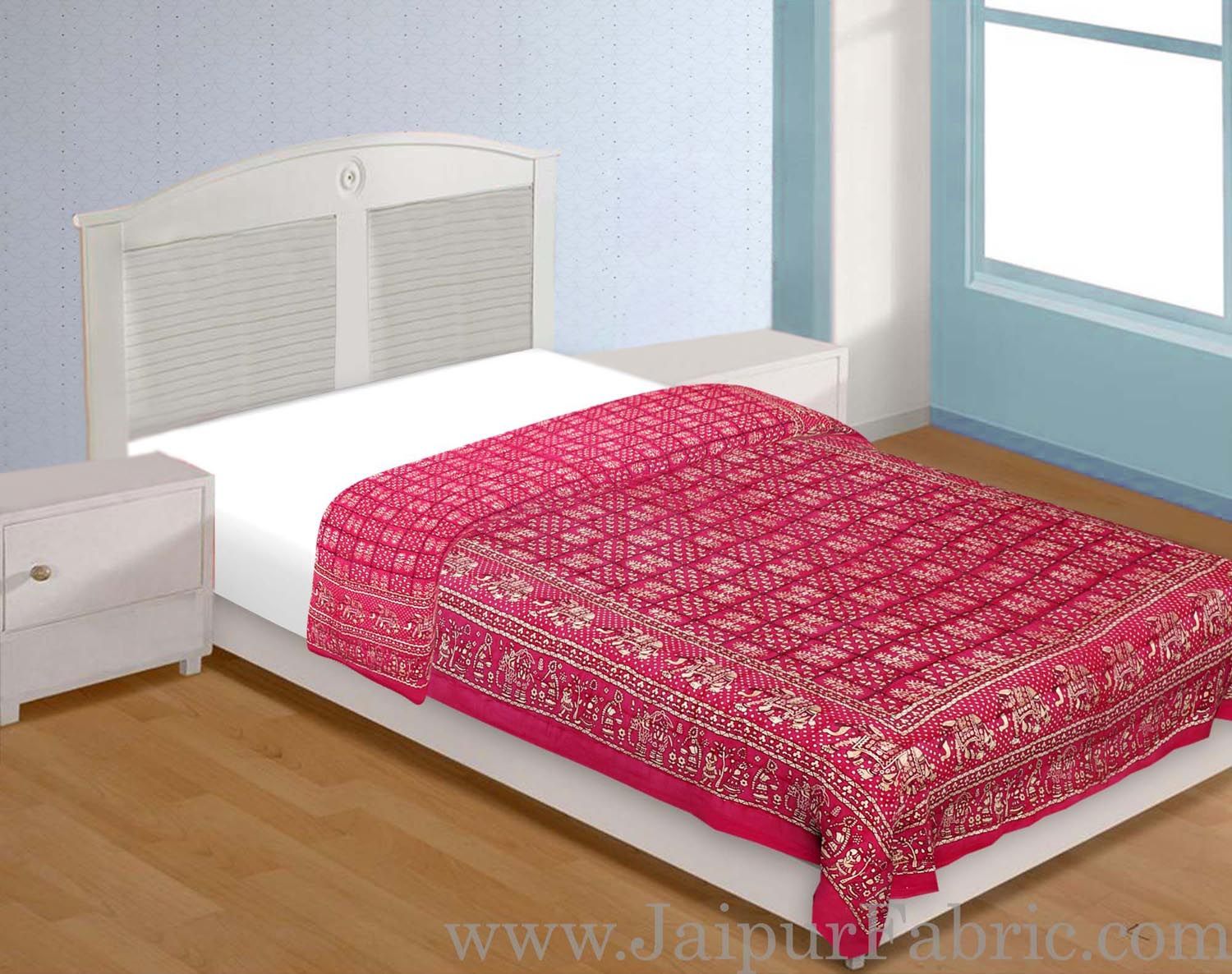 Magenta Base Golden Print  With Elephant Design Fine Cotton Single Bed Quilt