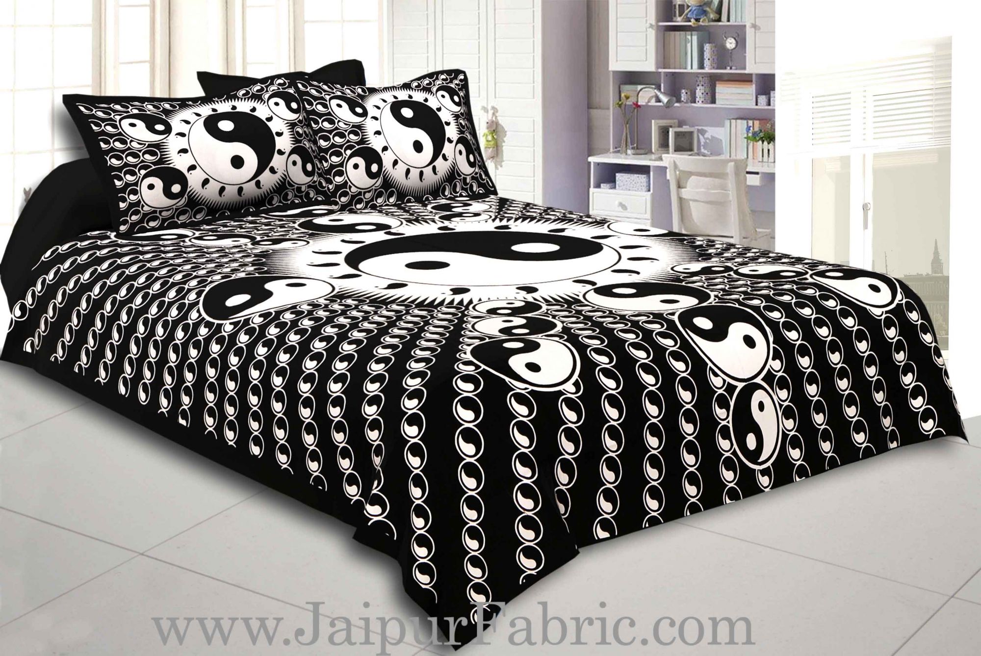 Black  Border Black  Base Doordarshan  Print Fine Cotton Double Bedsheet  With Pillow Cover