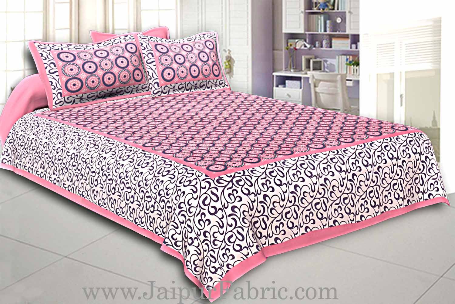 Pink Border White Base Circle Pattern Screen Print Cotton Double Bed Sheet