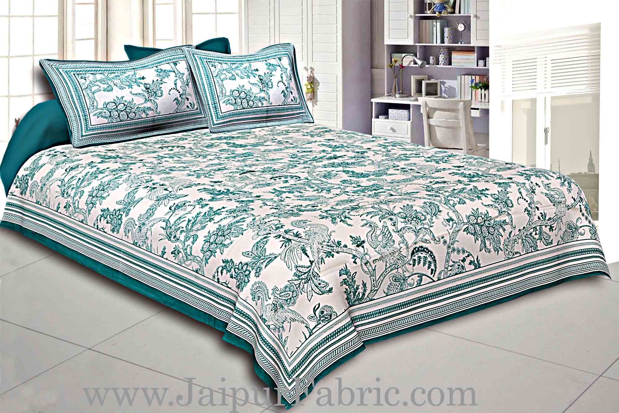 Green Border Cream Base Leaf And Floral Cotton Satin Hand Block Double Bedsheet