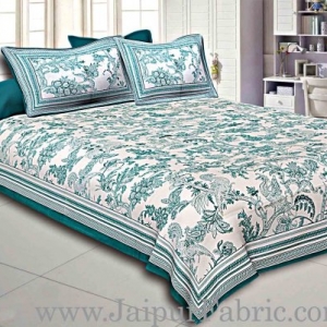 Green Border Cream Base Leaf And Floral Cotton Satin Hand Block Double Bedsheet