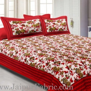 Maroon Border With Zigzag Pattern Floral Print Double Bed Sheet  With 2 Pillow Cover