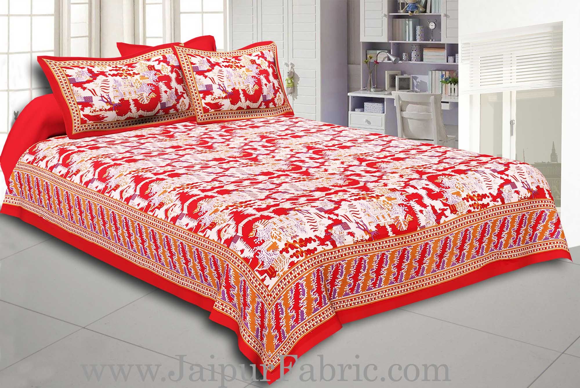 Maroon Border Good Looking Heritage Design Pure Cotton Double Bedsheet With Pillow Cover