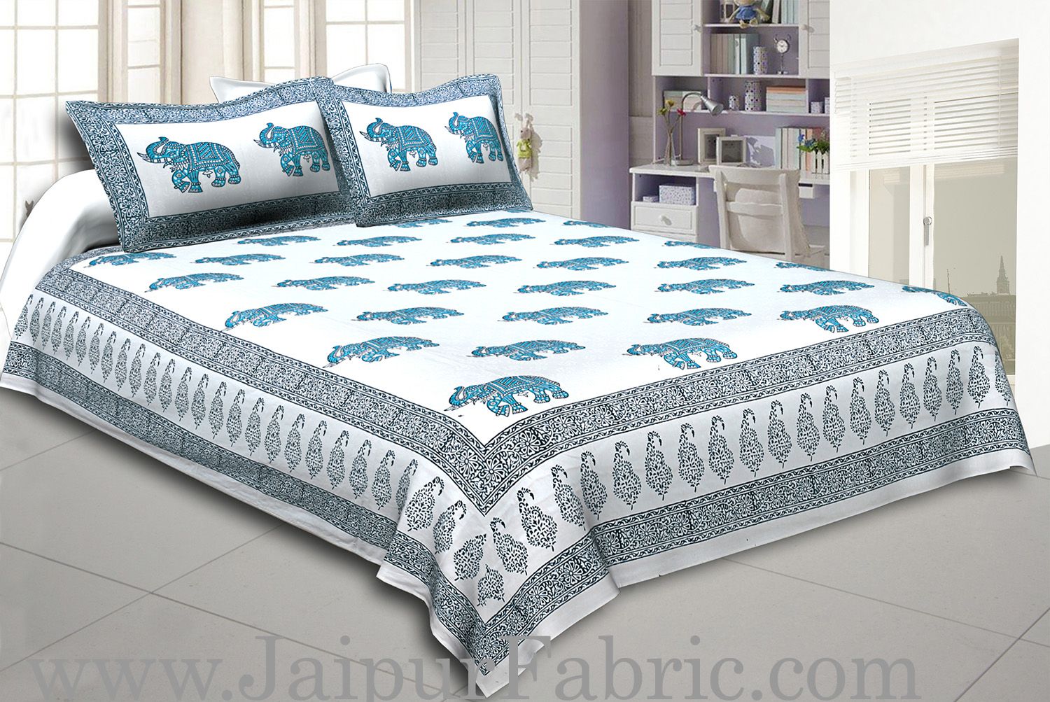 White Border With White Base Blue Elephant Hand Block Print Super Fine Cotton Double Bed Sheet