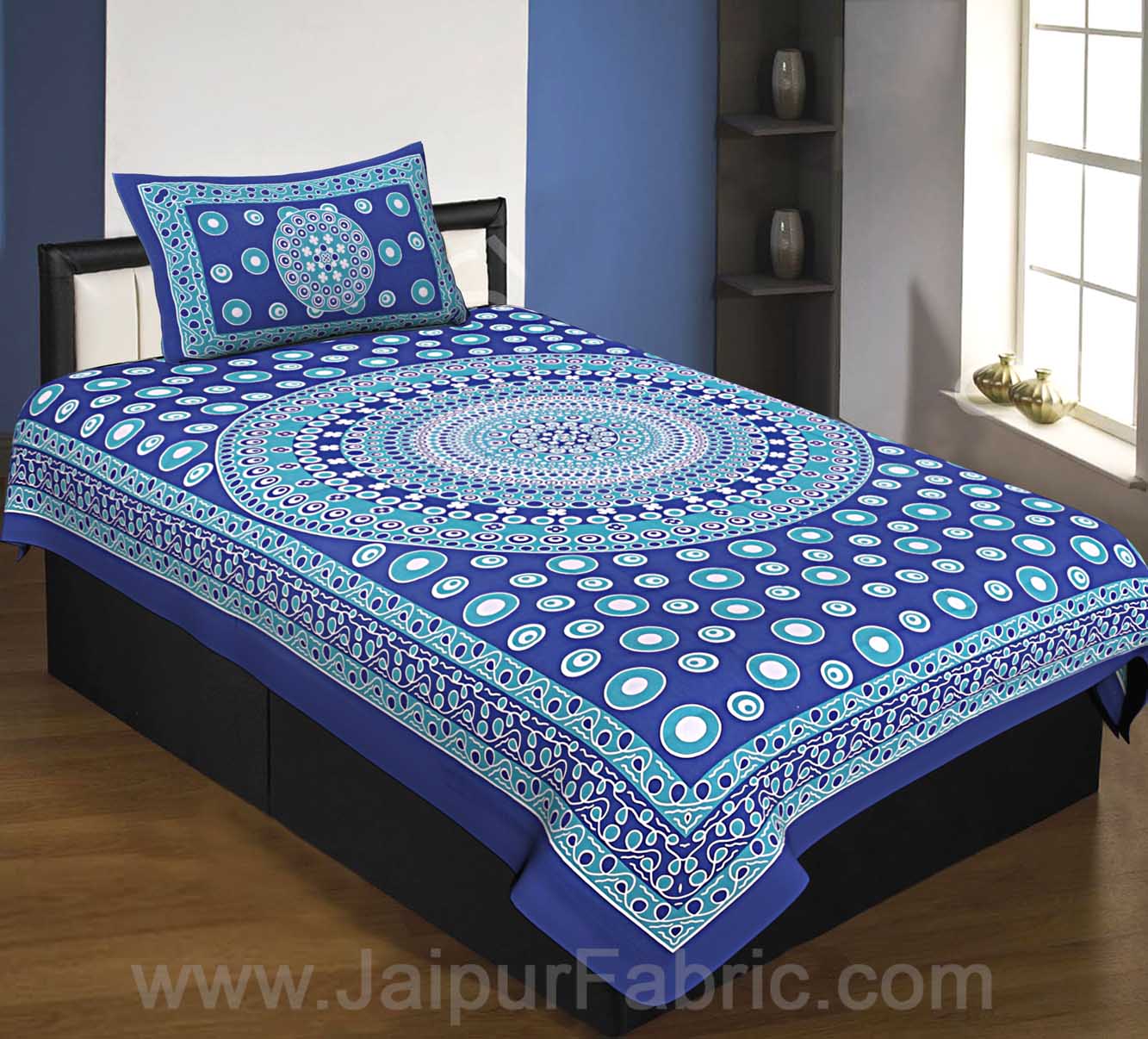 Single Bedsheet Blue Color  Rangoli Pattern Smooth Touch With 1 Pillow Cover