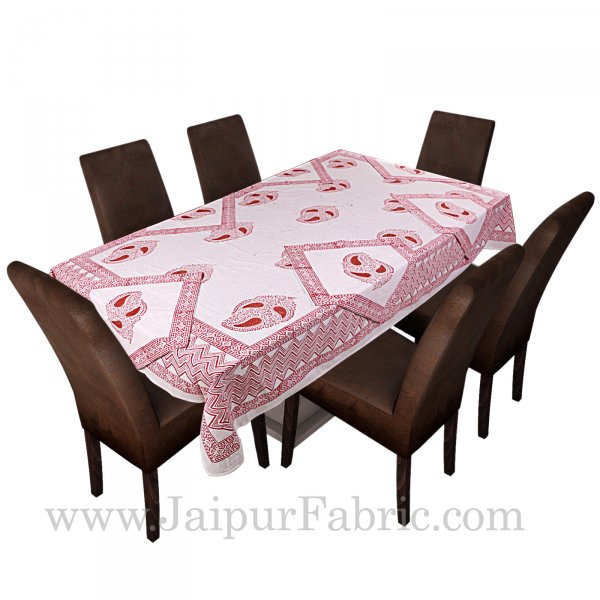 Red Border White Base Leaf Pattern Hand Block Print Super Fine Cotton Table Cover