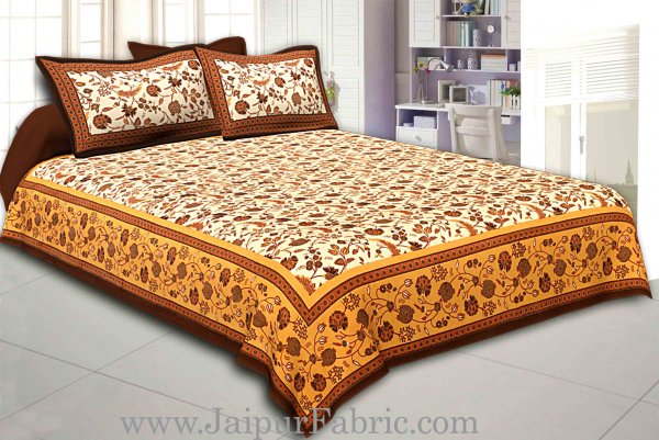 Cream Base Brown Border Golden Floral Print Cotton Double Bed Sheet