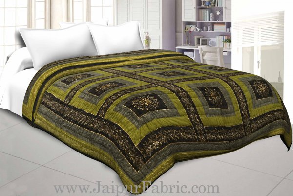 Mehandi And Green Golden Jaipuri  Tree  print Double Bed Quilt