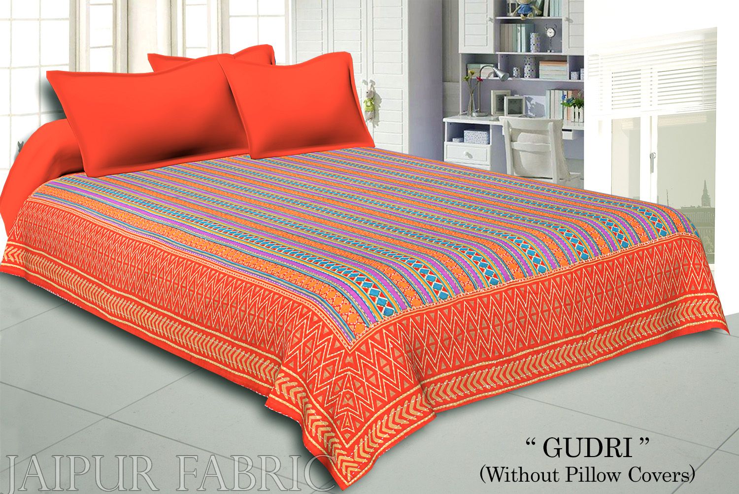 Orange Border Yellow And Orange Zig Zag Pattern With Thread Hand Work(Kantha) Gudri ( Bed Cover)