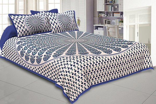 Blue Kalangi Printed Cotton Double Bed Sheet
