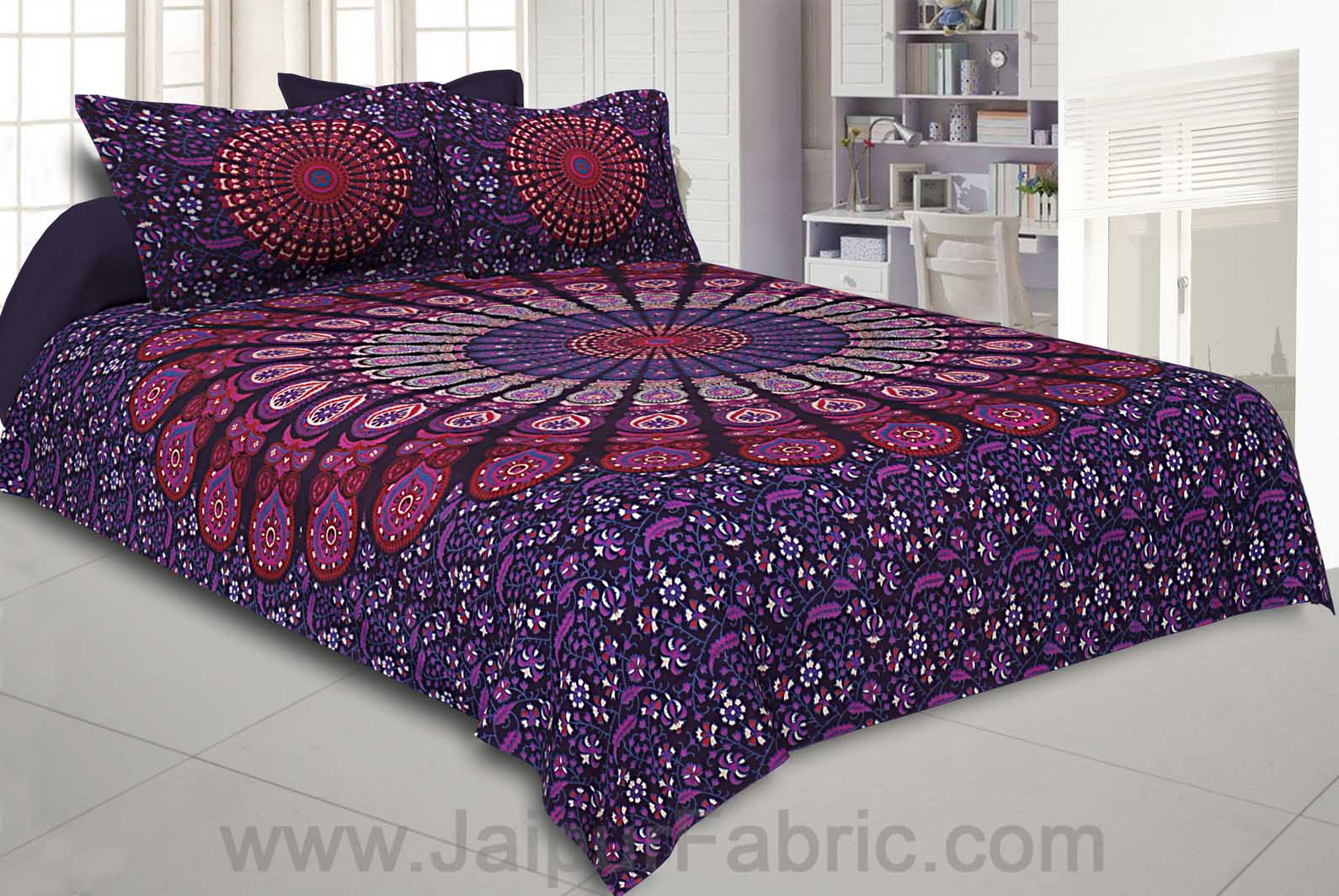 Purple Mandala Double Bedsheet Tapestry with 2 Pillow Covers