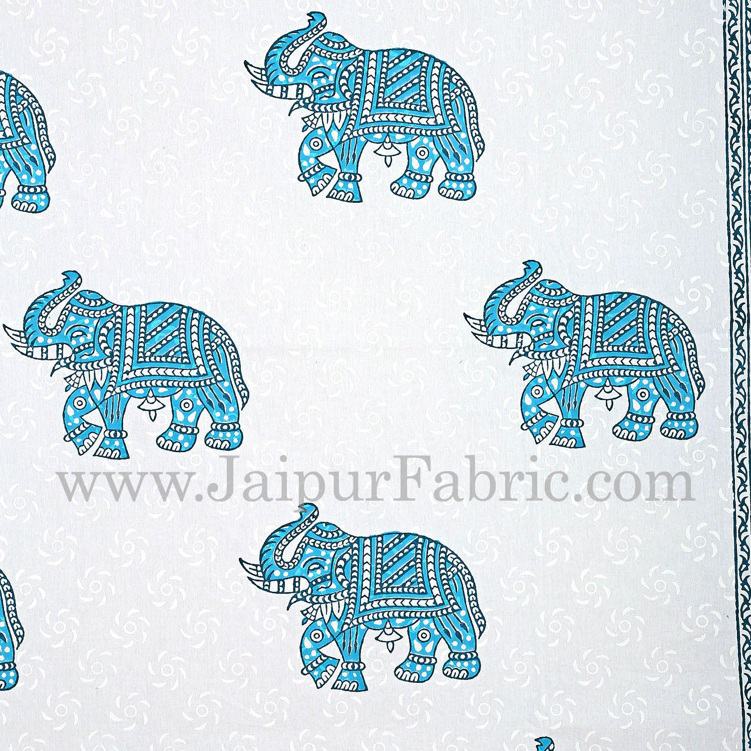 White Border With White Base Blue Elephant Hand Block Print Super Fine Cotton Double Bed Sheet