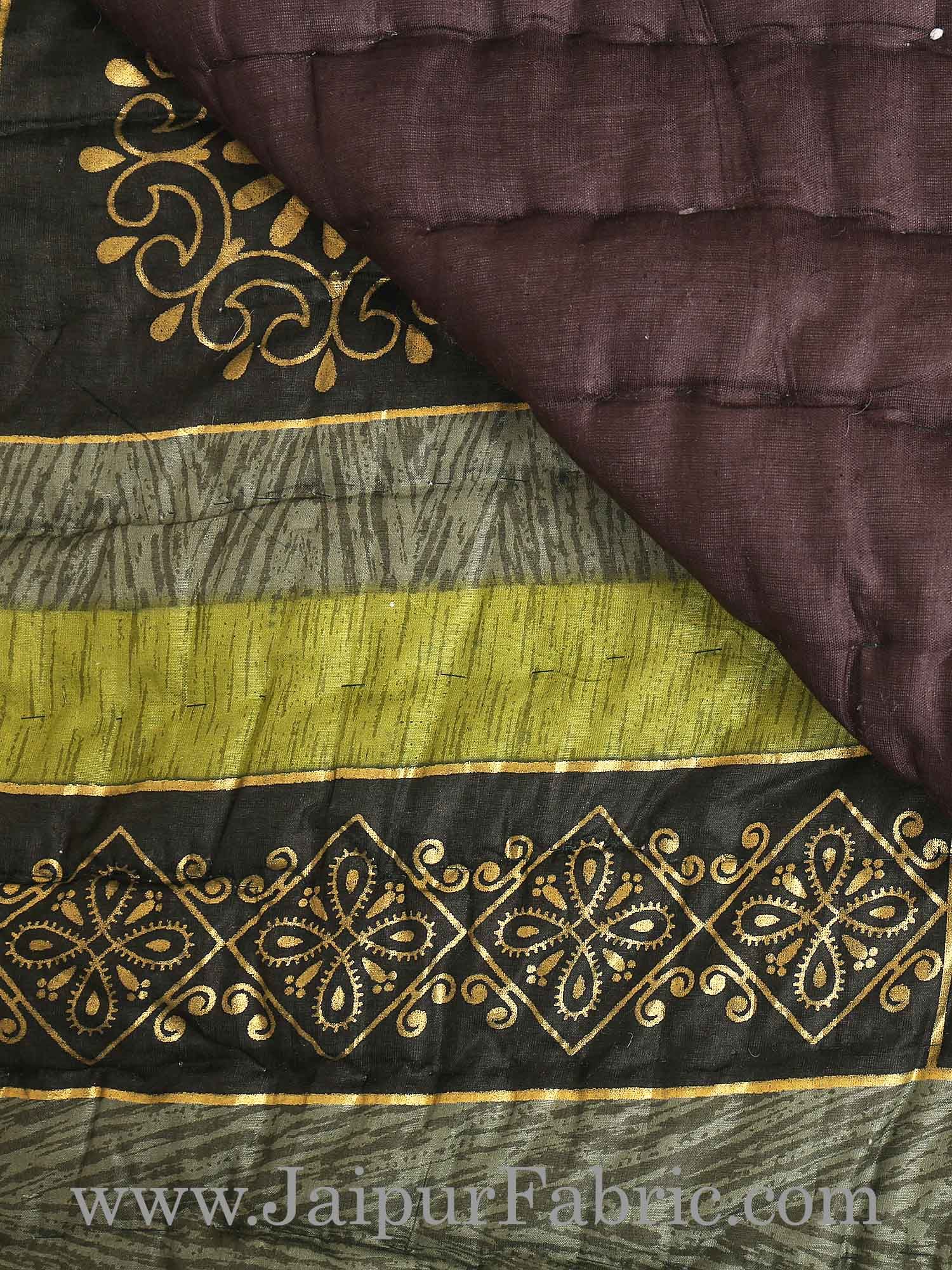 Mehandi And Green Golden Jaipuri  Tree  print Double Bed Quilt