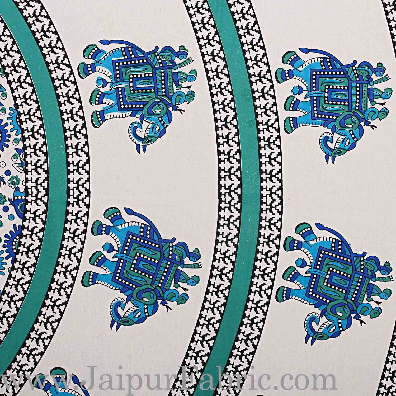 King Size Bedsheet Sea Green  Border Circle Elephant Pattern Screen Print With Two Pillow Cover