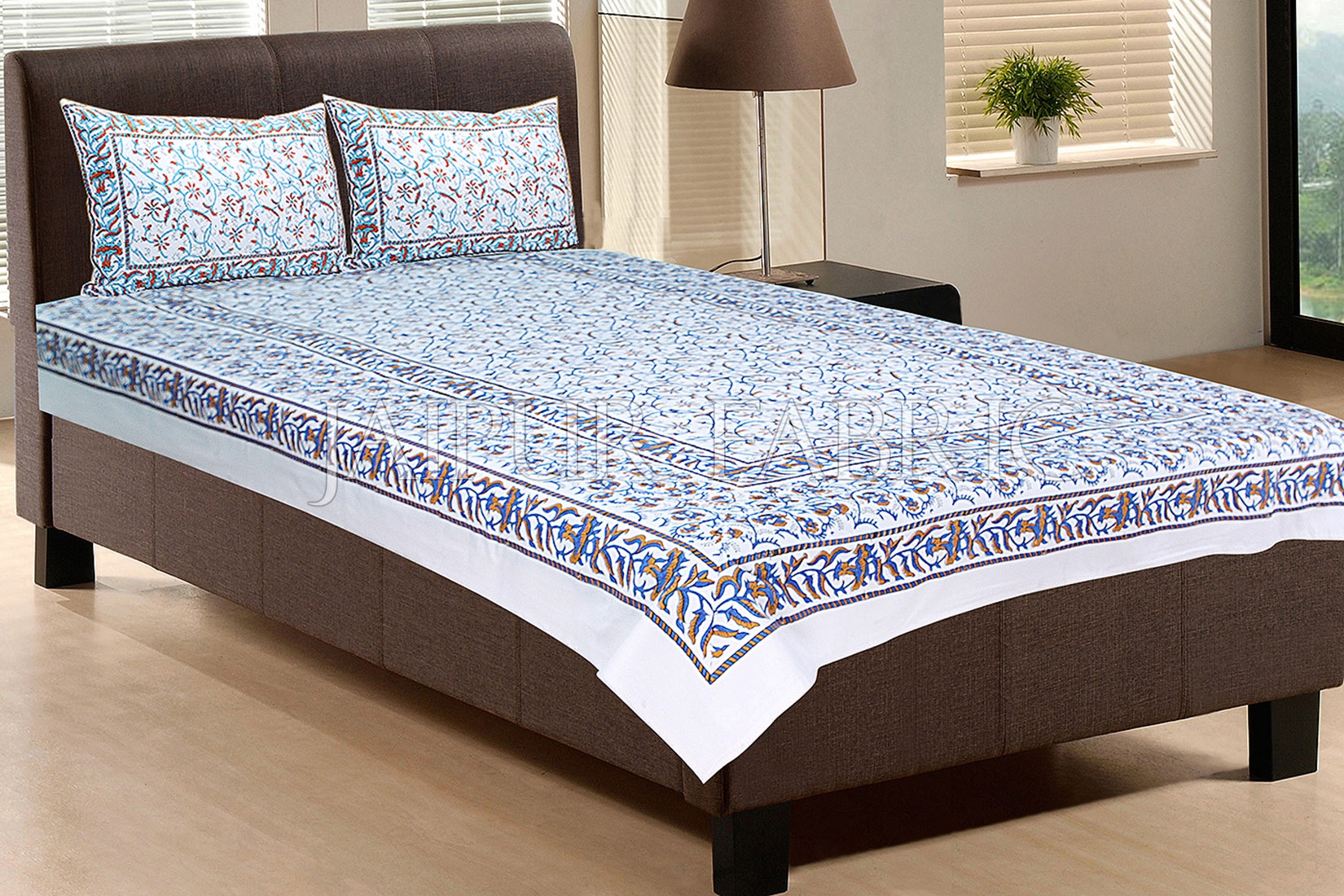 White Base With Blue and Brown Color Print Single Cotton Bed sheet