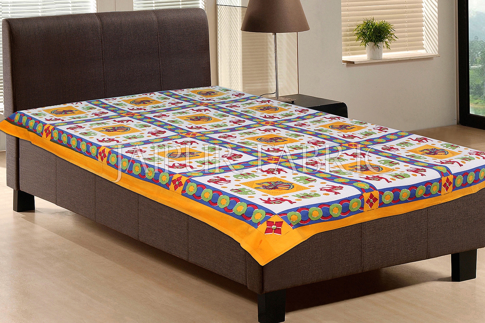 Yellow Base Green Elephant Red Camel Block print Single Bed Sheet