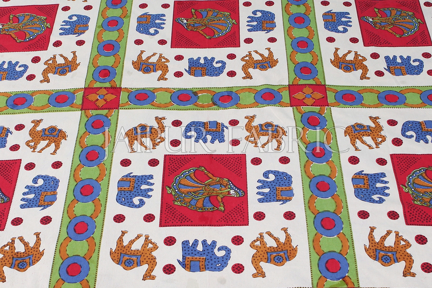 Red Base Blue elephant Brown Camel Block print  Single Bed Sheet