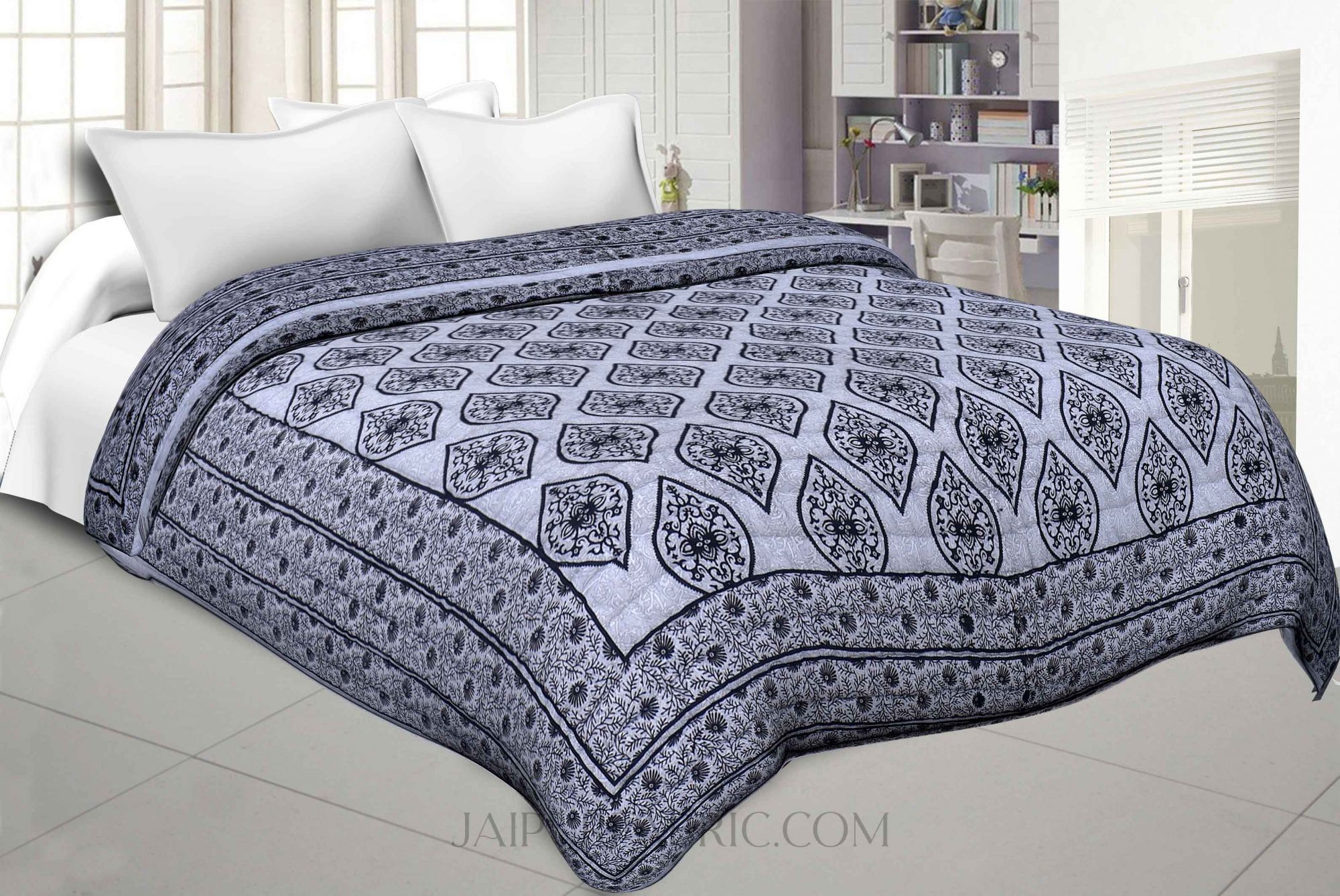 Traditional Grey Jaipuri  Double Bed Quilt