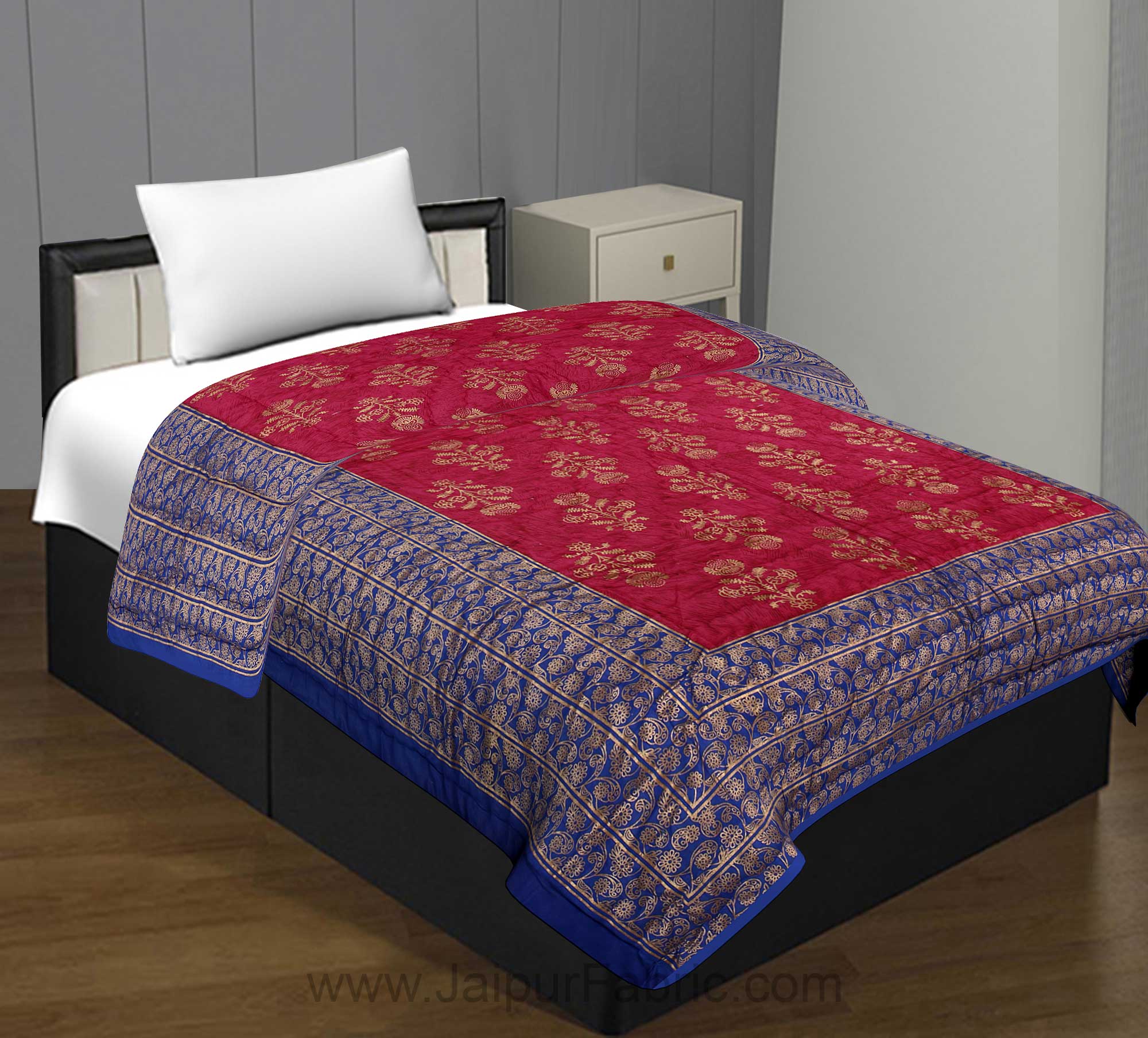 Jaipuri Printed Single Bed Razai Golden Blue And Rani With Leaf Pattern