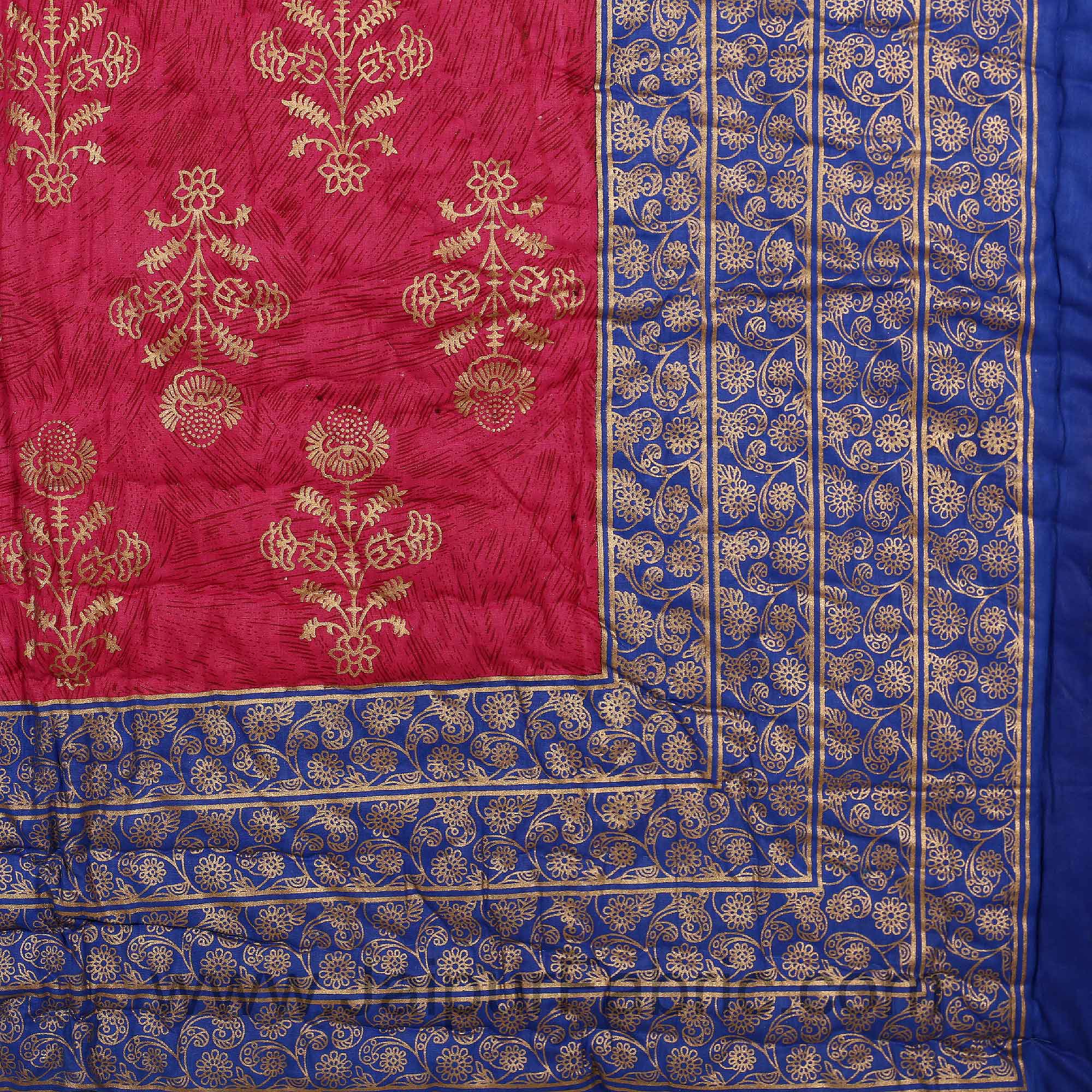 Jaipuri Printed Single Bed Razai Golden Blue And Rani With Leaf Pattern