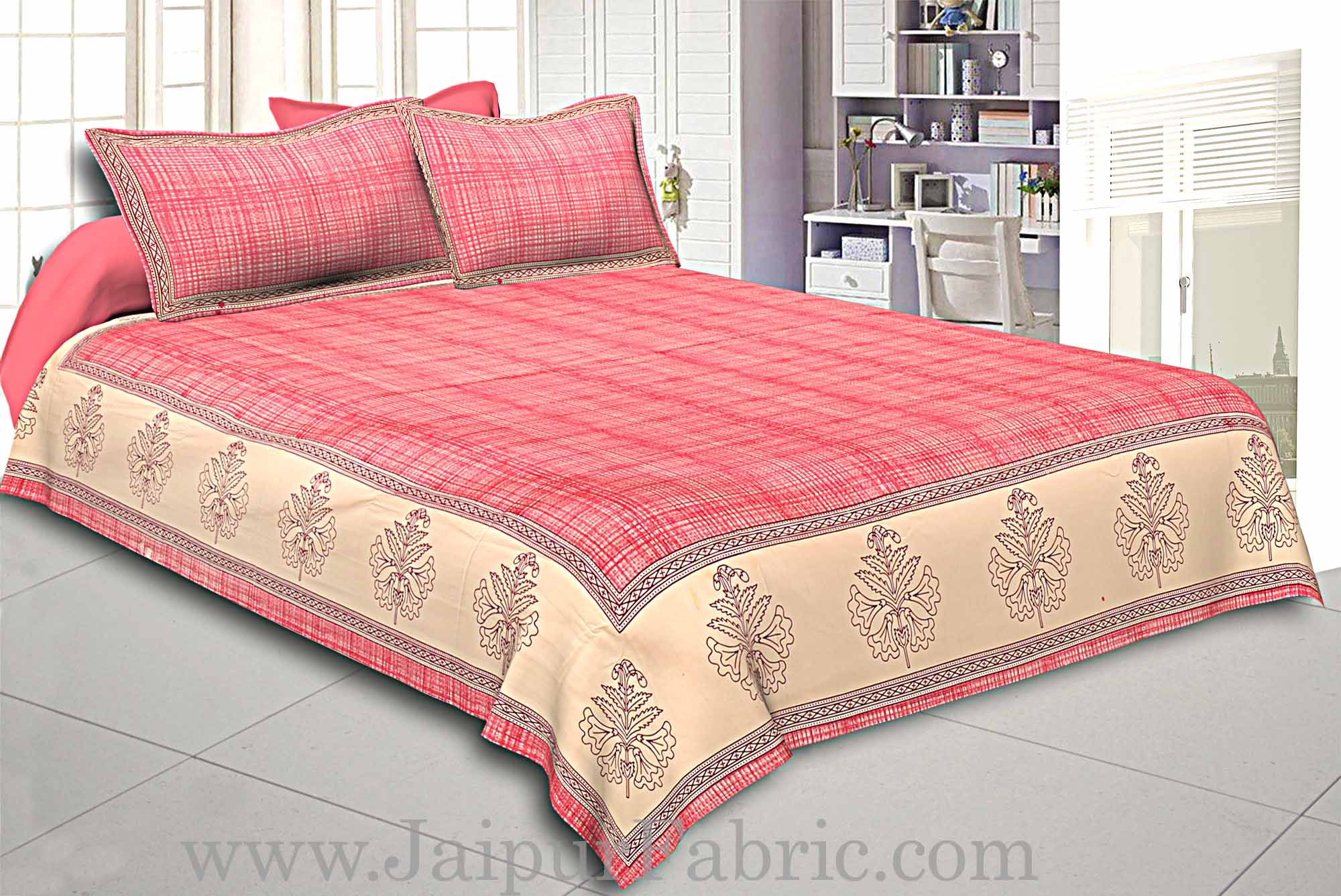 king Size Cotton Satin Double Bed sheet Pink Border With Cream Base  Hand Block  Pattern