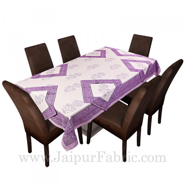 Purple Border White Base With Flower  Hand Block Print Super Fine Cotton Table Cover