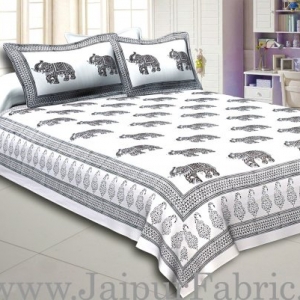 White Border With White Base Black And  Gray Elephant Hand Block Print Super Fine Cotton Double Bed Sheet