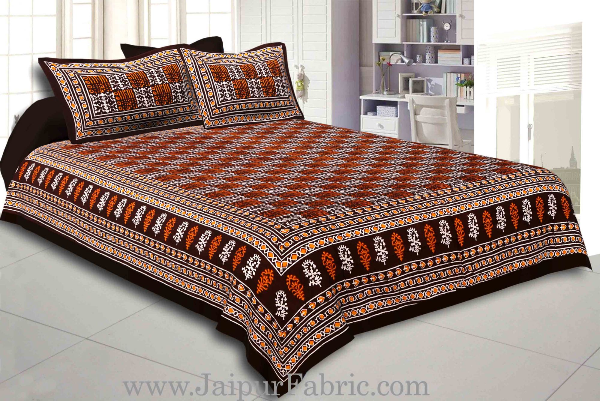 Dark Coffee Border Coffee Base Checkered  Print Fine Cotton Double Bed sheet  With Pillow Cover