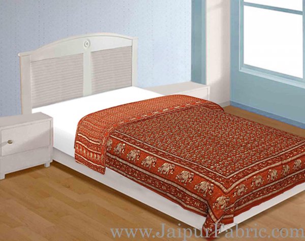Jaipuri Razai Brick Color Elephant Golden Print Single Bed Quilt