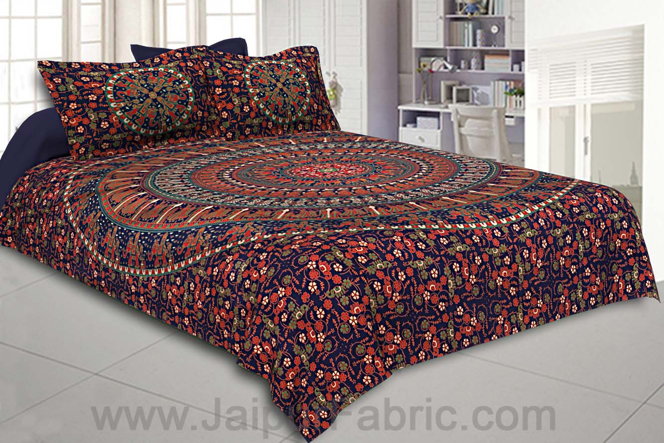 Royal Blue Mandala Bedsheet Tapestry Floral Print With 2 Pillow Covers