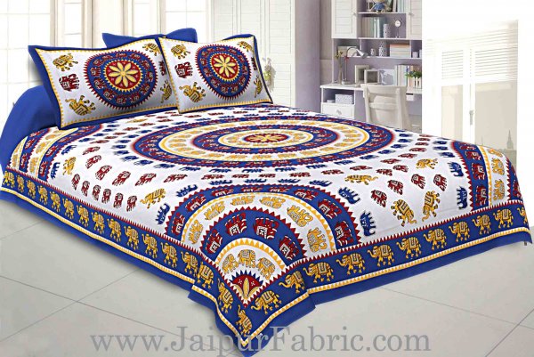 Double bedsheet Blue Border With Elephant Print Fine Cotton With Two Pillow Cover