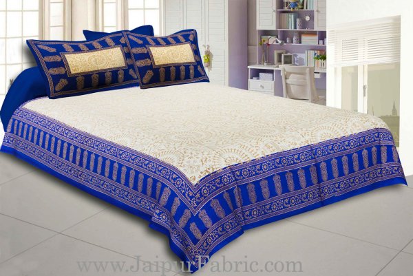 Light Blue Border  Cream Base With Golden Print Figure Print Super Fine Cotton Double Bed Sheet