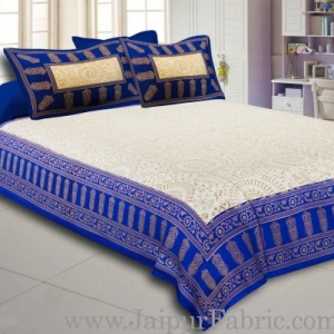 Light Blue Border  Cream Base With Golden Print Figure Print Super Fine Cotton Double Bed Sheet